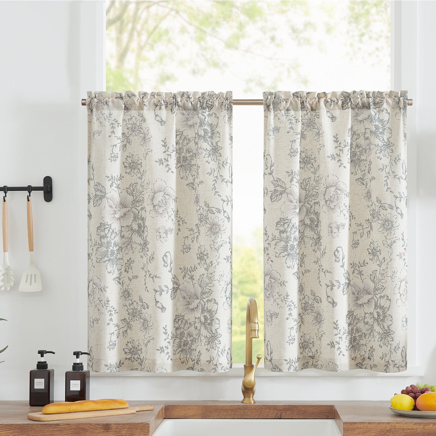 Curtainking Linen Kitchen Curtains Floral Cafe Curtains Farmhouse Cafe Curtains for Living Room 2 Panels