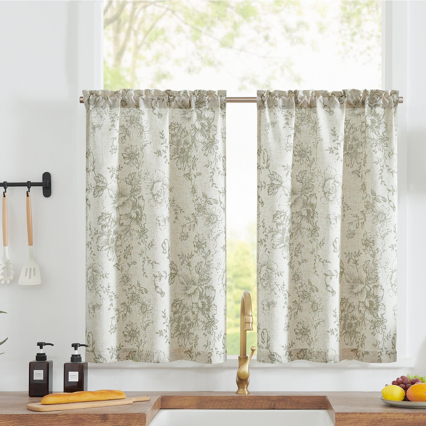Curtainking Linen Kitchen Curtains Floral Cafe Curtains Farmhouse Cafe Curtains for Living Room 2 Panels