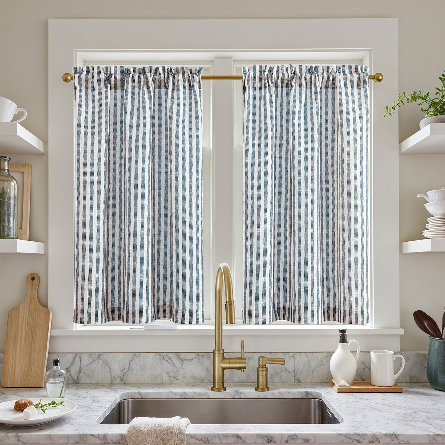 Curtainking Striped Kitchen Curtain Linen Cafe Curtains Semi-Sheer Rustic Farmhouse Tier Curtains Rod Pocket 2 Panels