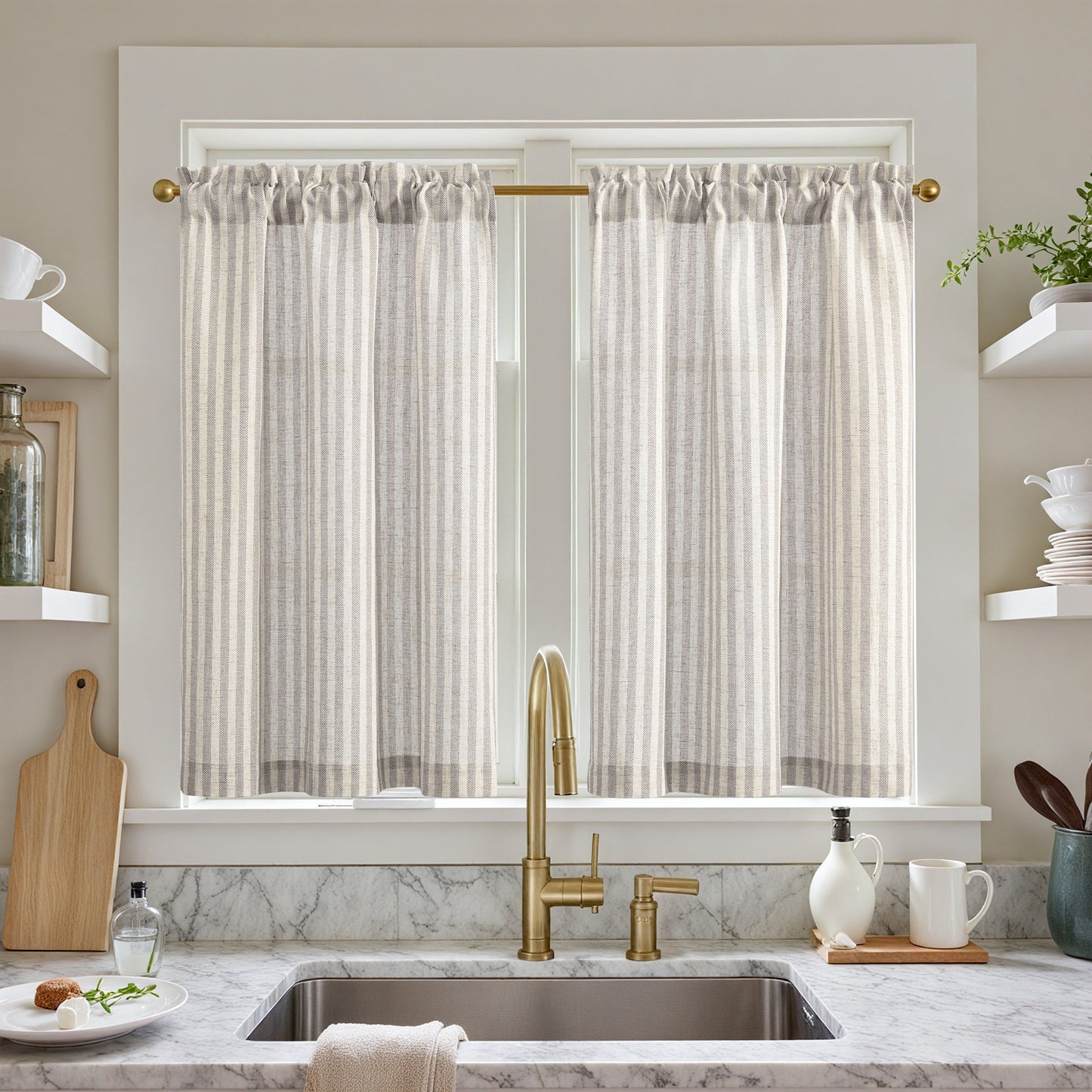Curtainking Striped Kitchen Curtain Linen Cafe Curtains Semi-Sheer Rustic Farmhouse Tier Curtains Rod Pocket 2 Panels
