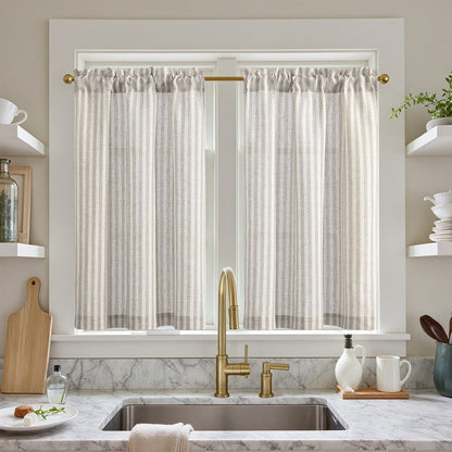 Curtainking Striped Kitchen Curtain Linen Cafe Curtains Semi-Sheer Rustic Farmhouse Tier Curtains Rod Pocket 2 Panels