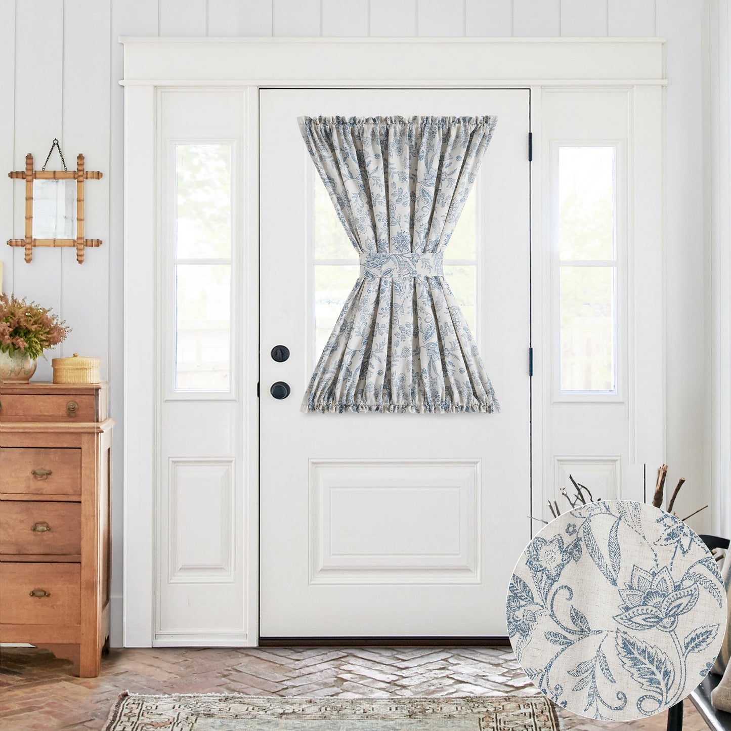 CURTAINKING French Door Curtains Panel Farmhouse Linen Rod Pocket Curtains for Door Window Floral Printed, 1 Tieback Included