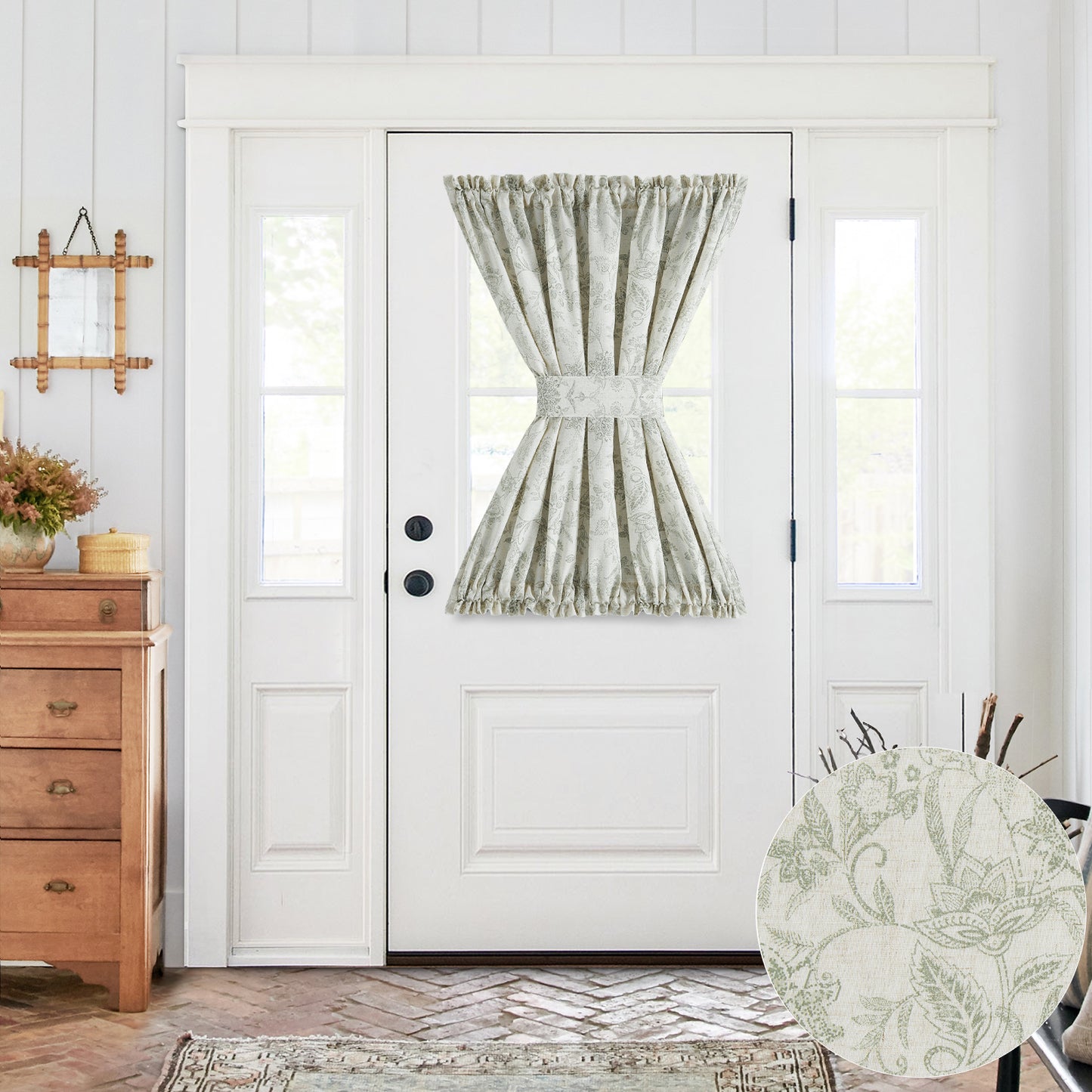 CURTAINKING French Door Curtains Panel Farmhouse Linen Rod Pocket Curtains for Door Window Floral Printed, 1 Tieback Included
