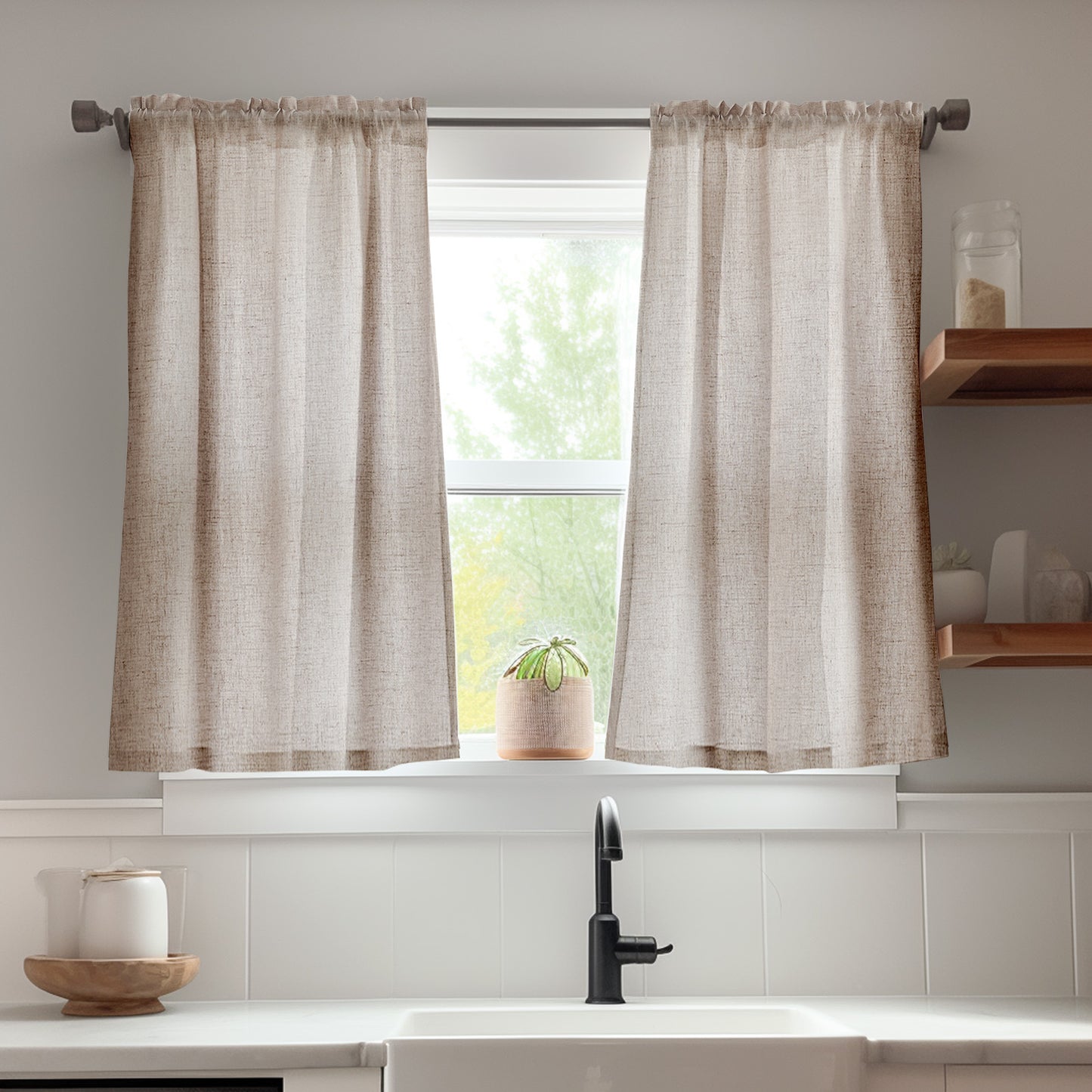 Curtainking Farmhouse Rod Pocket Semi-Sheer Cafe Curtains, Linen Textured Window Curtains, 2 Panels