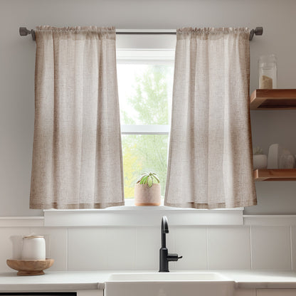 Curtainking Farmhouse Rod Pocket Semi-Sheer Cafe Curtains, Linen Textured Window Curtains, 2 Panels