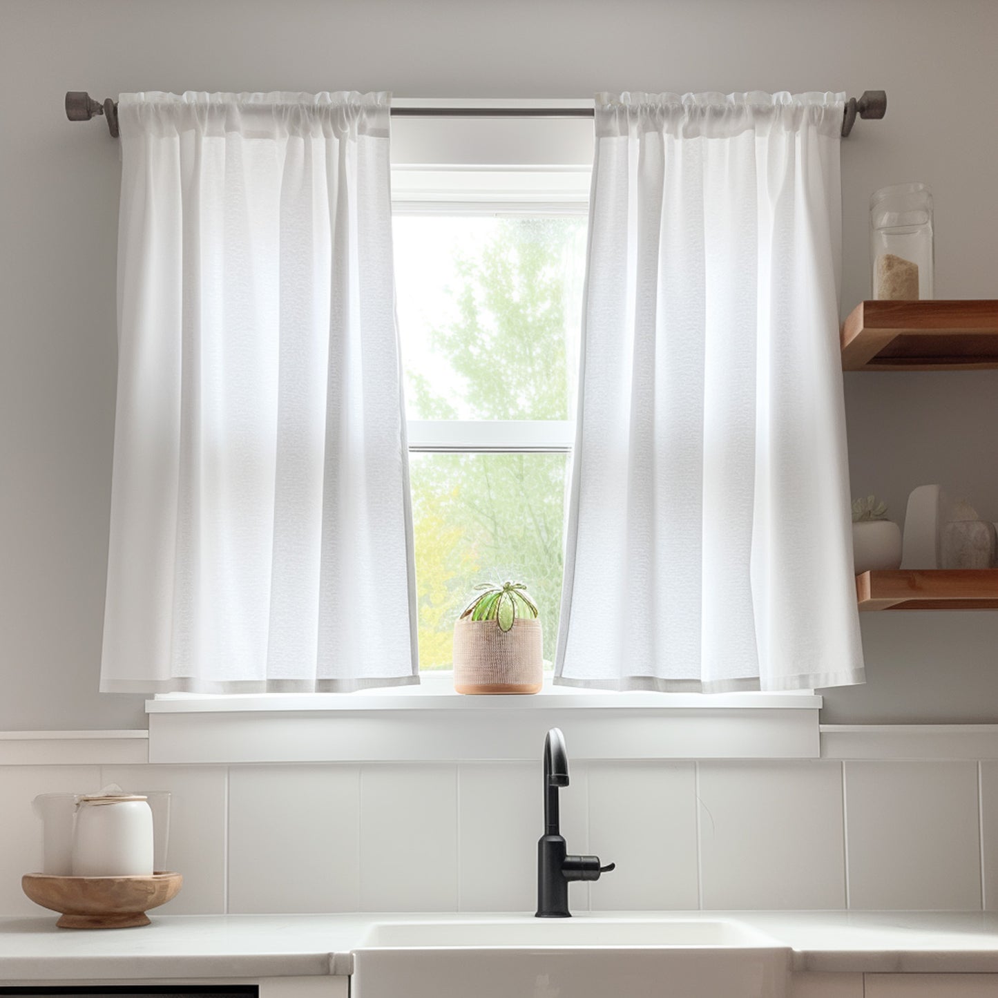 Curtainking Farmhouse Rod Pocket Semi-Sheer Cafe Curtains, Linen Textured Window Curtains, 2 Panels