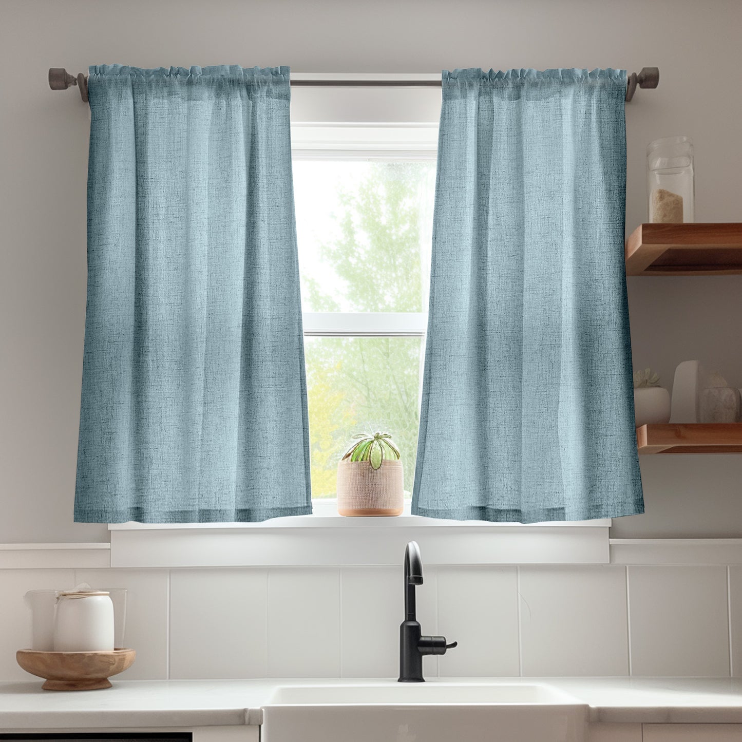 Curtainking Farmhouse Rod Pocket Semi-Sheer Cafe Curtains, Linen Textured Window Curtains, 2 Panels