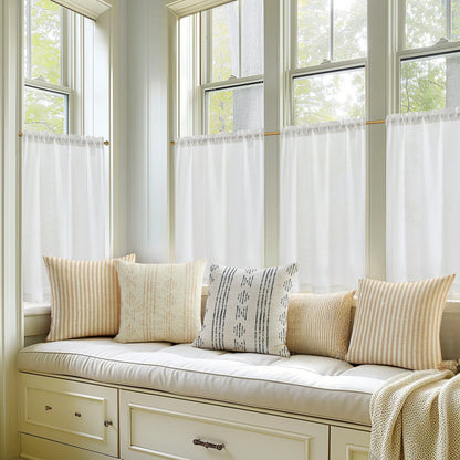 Curtainking Farmhouse Rod Pocket Semi-Sheer Cafe Curtains, Linen Textured Window Curtains, 2 Panels