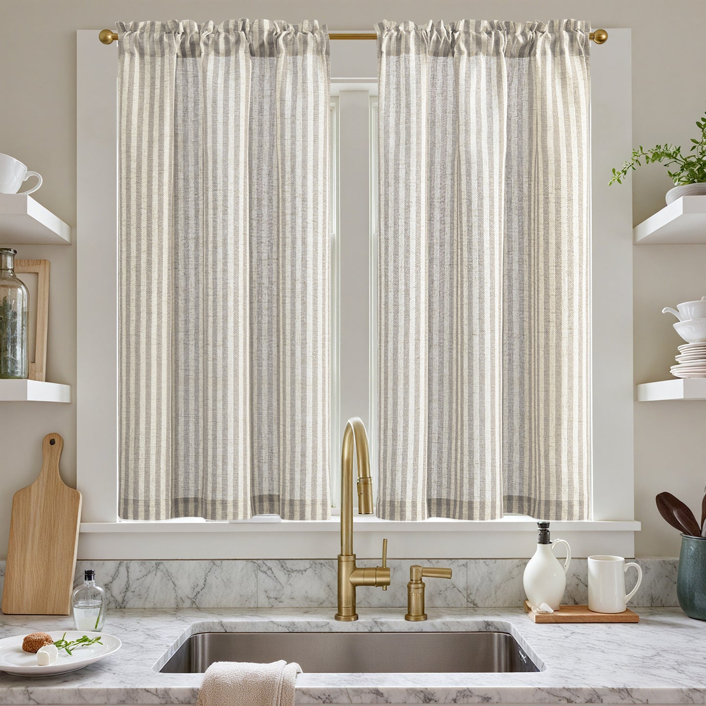 Curtainking Striped Kitchen Curtain Linen Cafe Curtains Semi-Sheer Rustic Farmhouse Tier Curtains Rod Pocket 2 Panels