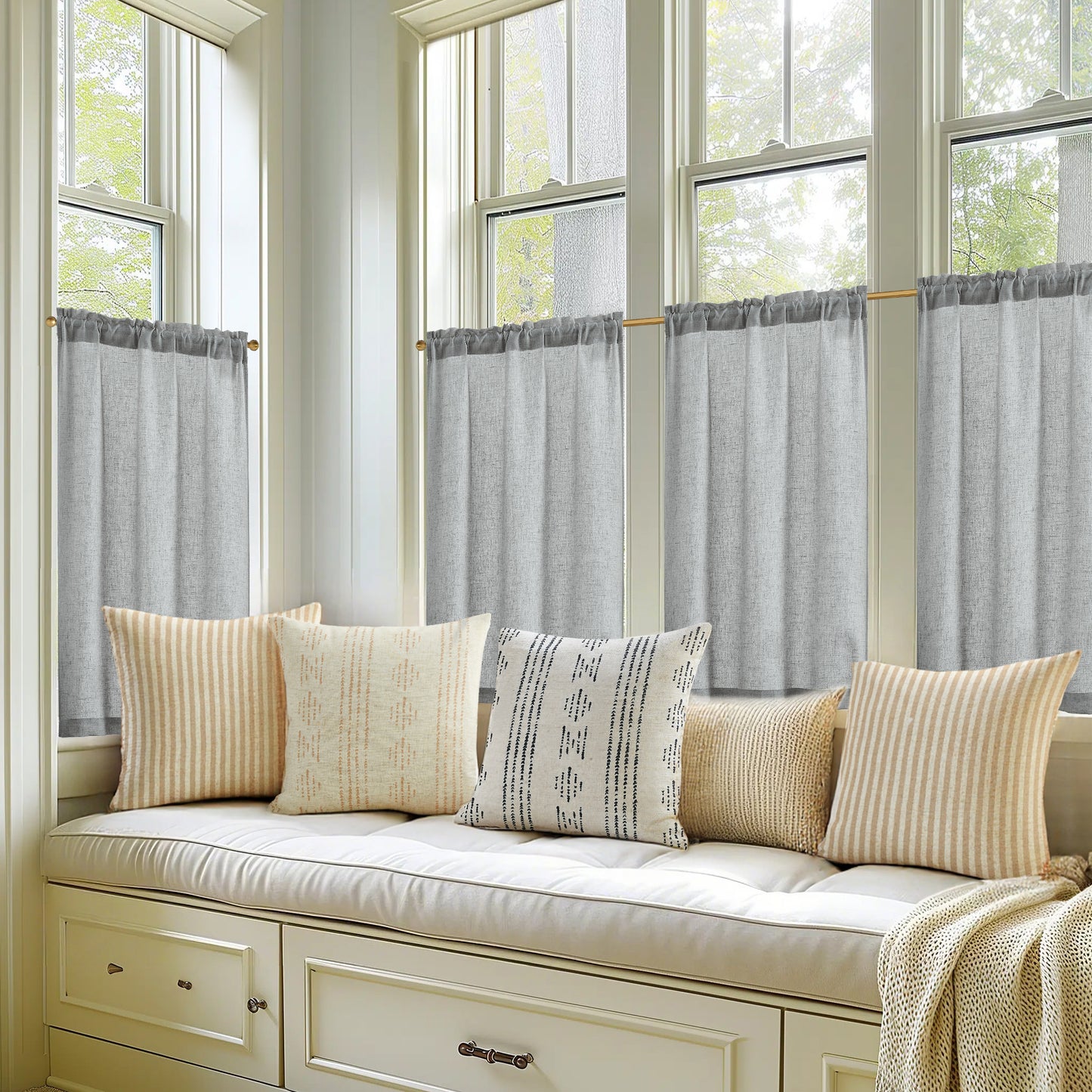 Curtainking Farmhouse Rod Pocket Semi-Sheer Cafe Curtains, Linen Textured Window Curtains, 2 Panels