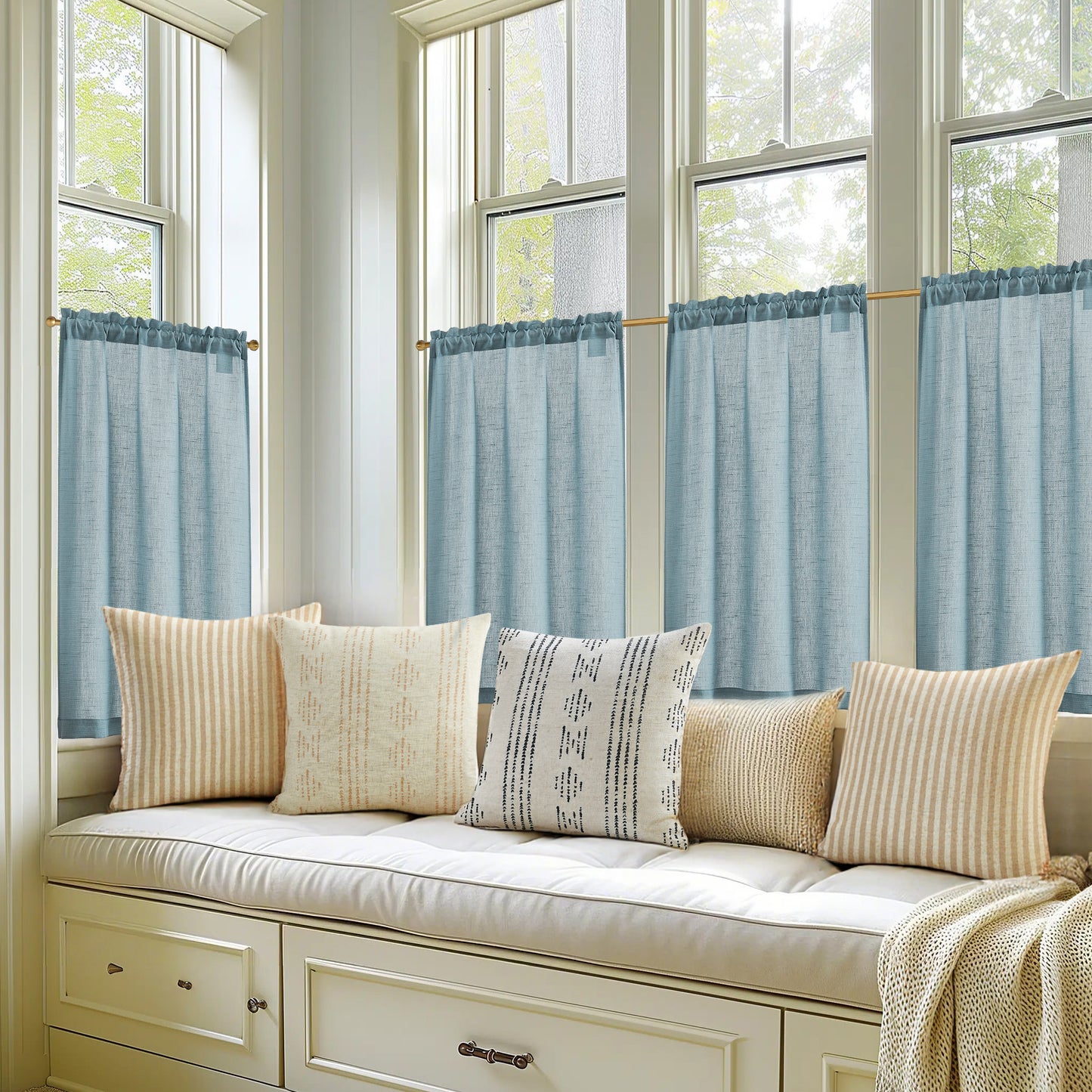 Curtainking Farmhouse Rod Pocket Semi-Sheer Cafe Curtains, Linen Textured Window Curtains, 2 Panels