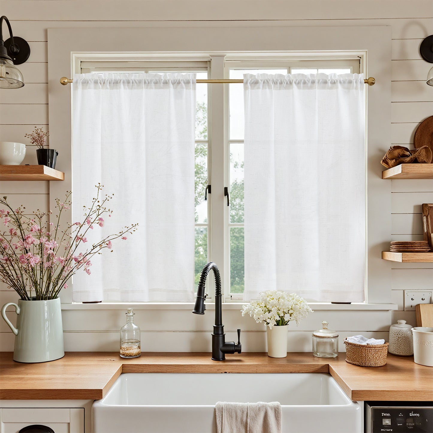 Curtainking Farmhouse Rod Pocket Semi-Sheer Cafe Curtains, Linen Textured Window Curtains, 2 Panels