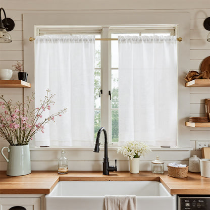 Curtainking Farmhouse Rod Pocket Semi-Sheer Cafe Curtains, Linen Textured Window Curtains, 2 Panels