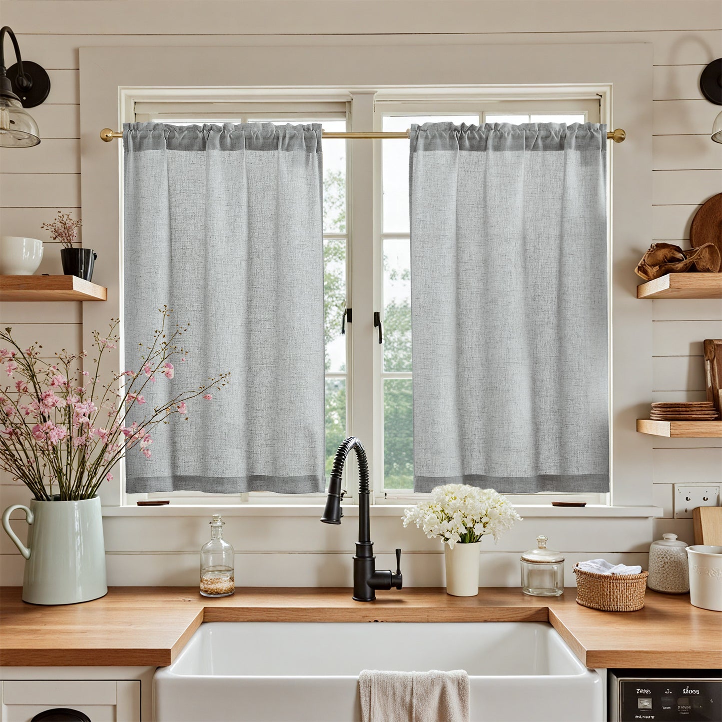 Curtainking Farmhouse Rod Pocket Semi-Sheer Cafe Curtains, Linen Textured Window Curtains, 2 Panels