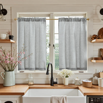 Curtainking Farmhouse Rod Pocket Semi-Sheer Cafe Curtains, Linen Textured Window Curtains, 2 Panels