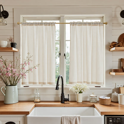 Curtainking Farmhouse Rod Pocket Semi-Sheer Cafe Curtains, Linen Textured Window Curtains, 2 Panels