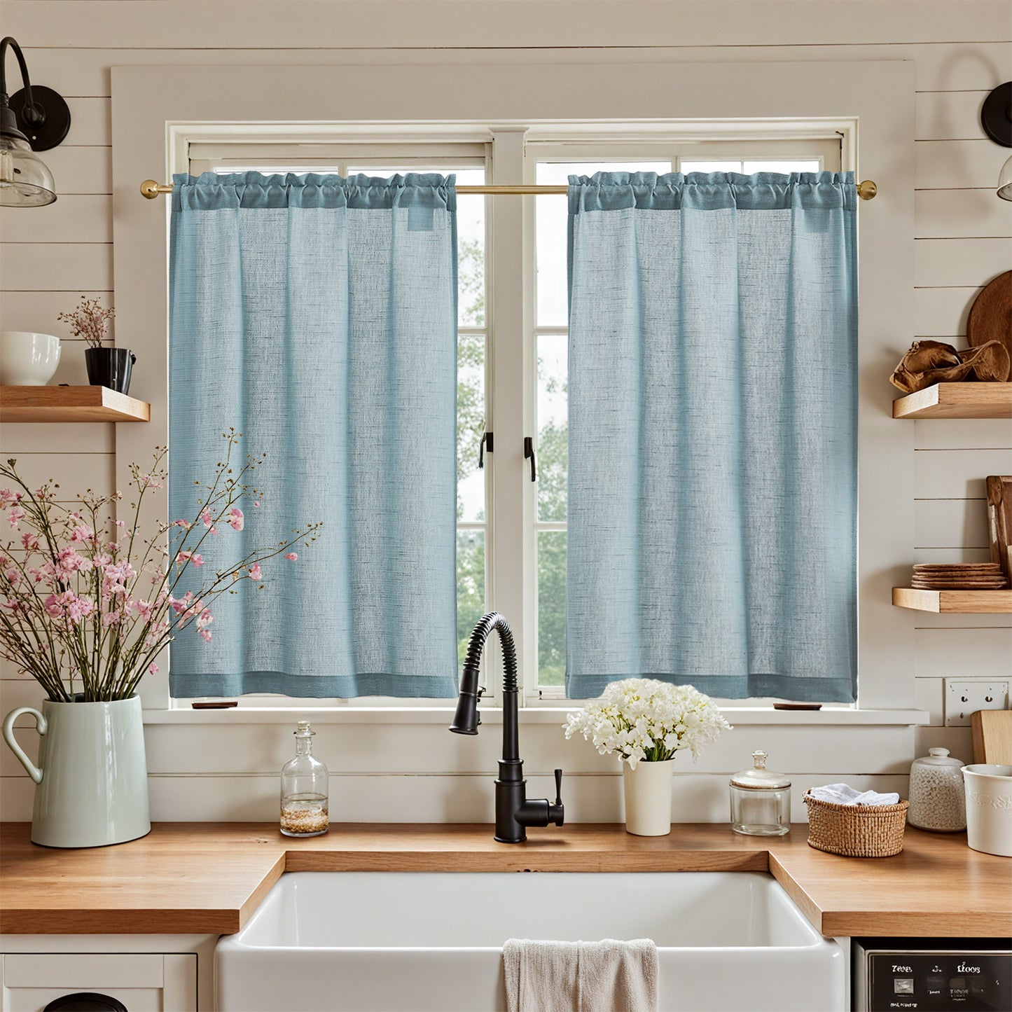 Curtainking Farmhouse Rod Pocket Semi-Sheer Cafe Curtains, Linen Textured Window Curtains, 2 Panels