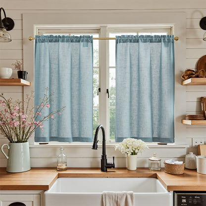 Curtainking Farmhouse Rod Pocket Semi-Sheer Cafe Curtains, Linen Textured Window Curtains, 2 Panels