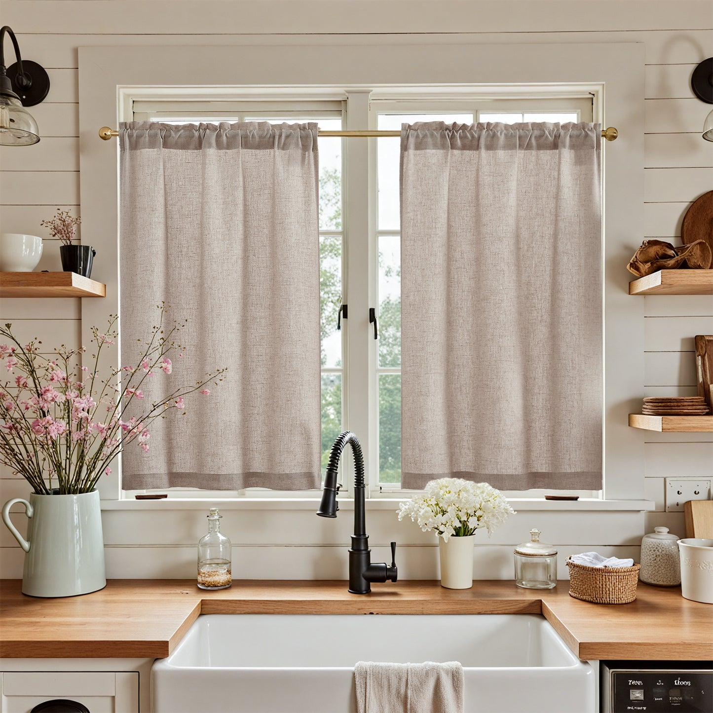 Curtainking Farmhouse Rod Pocket Semi-Sheer Cafe Curtains, Linen Textured Window Curtains, 2 Panels