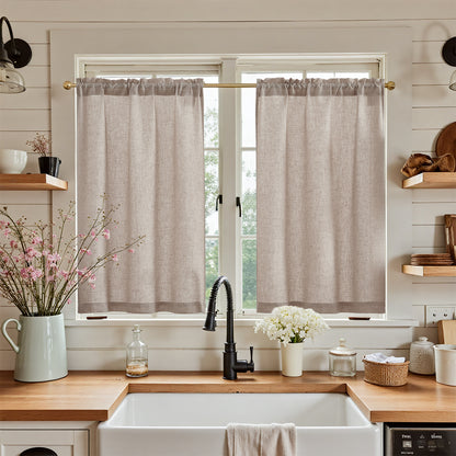 Curtainking Farmhouse Rod Pocket Semi-Sheer Cafe Curtains, Linen Textured Window Curtains, 2 Panels