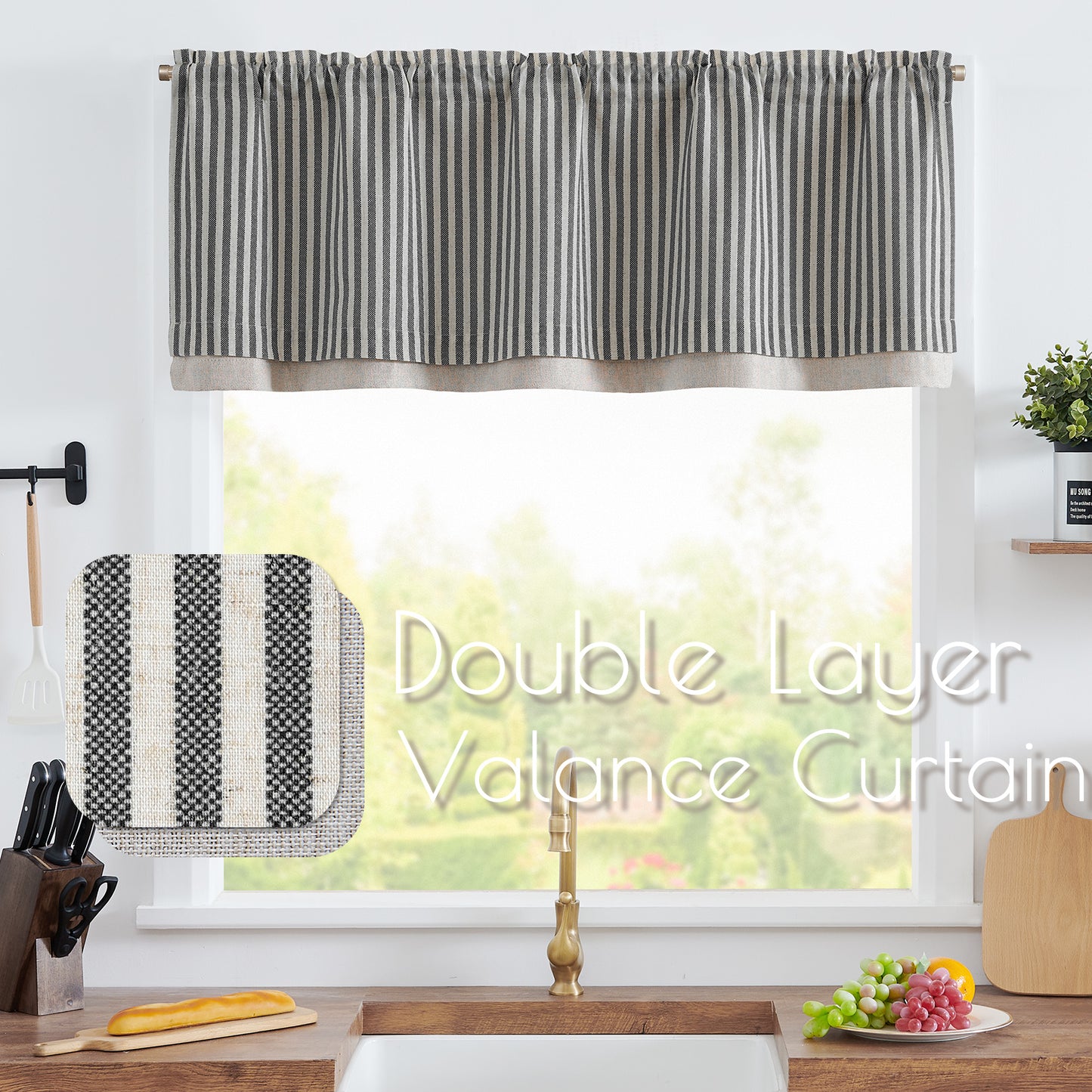 Curtainking Rod Pocket Linen Valance Curtain Double Layer Valance for Kitchen 1 Panel