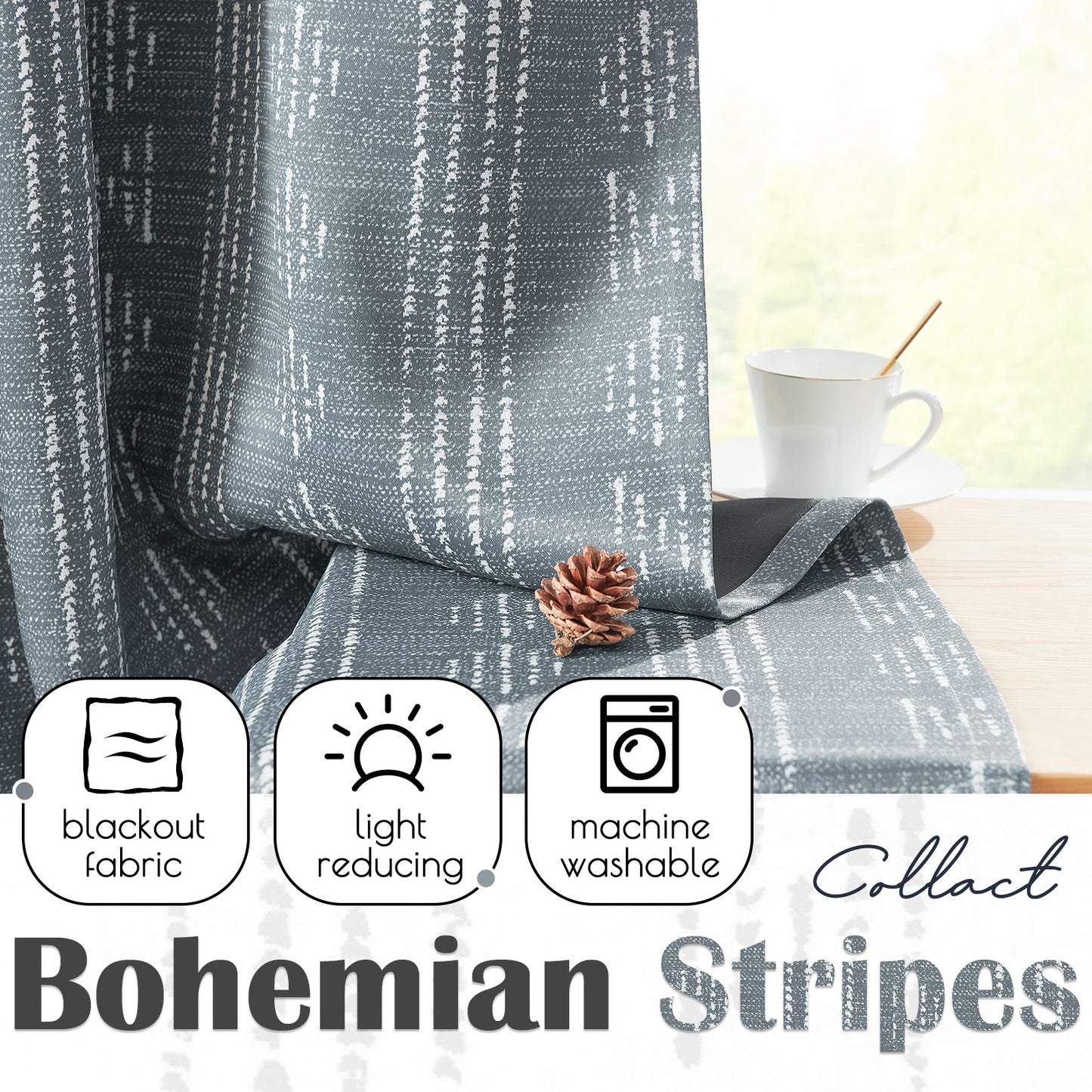 Curtainking Blackout Curtains for Livingroom Bedroom Farmhouse Boho Curtains Geometric Striped Grommet Room Darkening Thermal Insulated Window Drapes 2 Panels