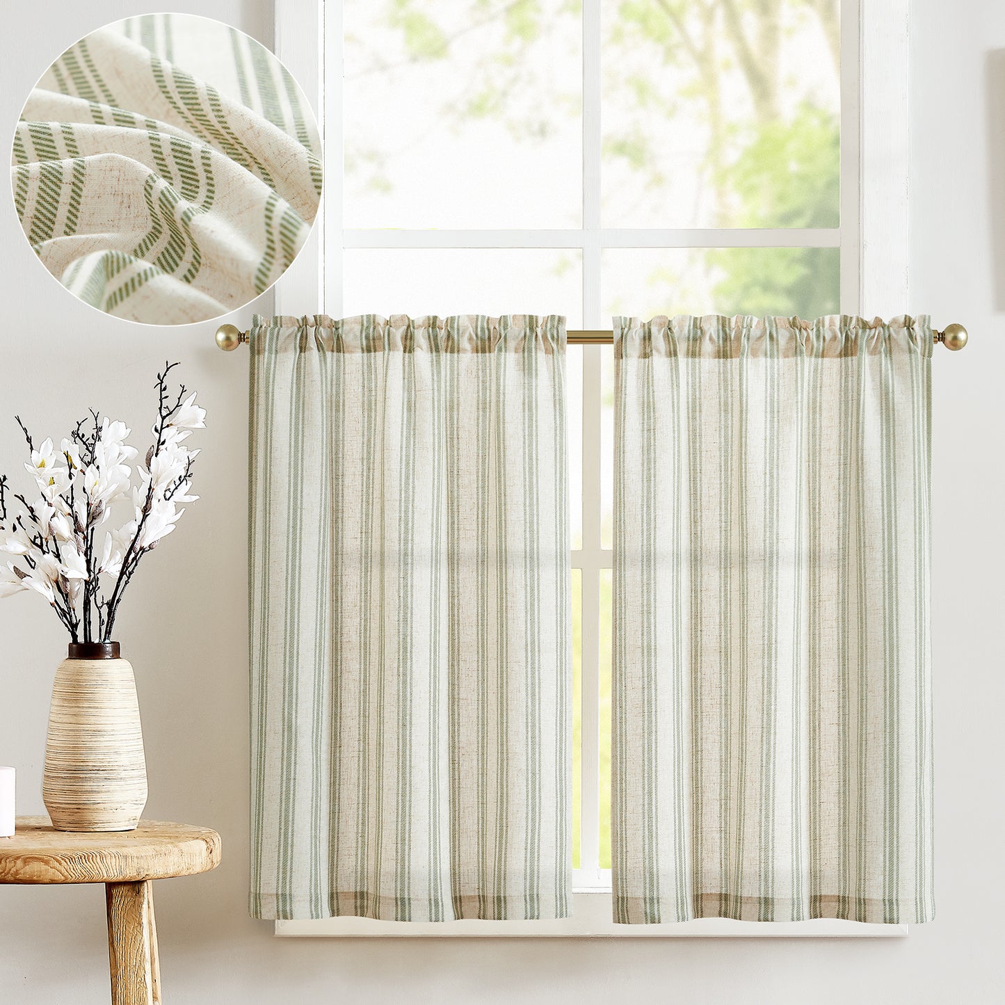Curtainking Striped Kitchen Curtain Linen Cafe Curtains Semi-Sheer Rustic Farmhouse Tier Curtains Rod Pocket 2 Panels