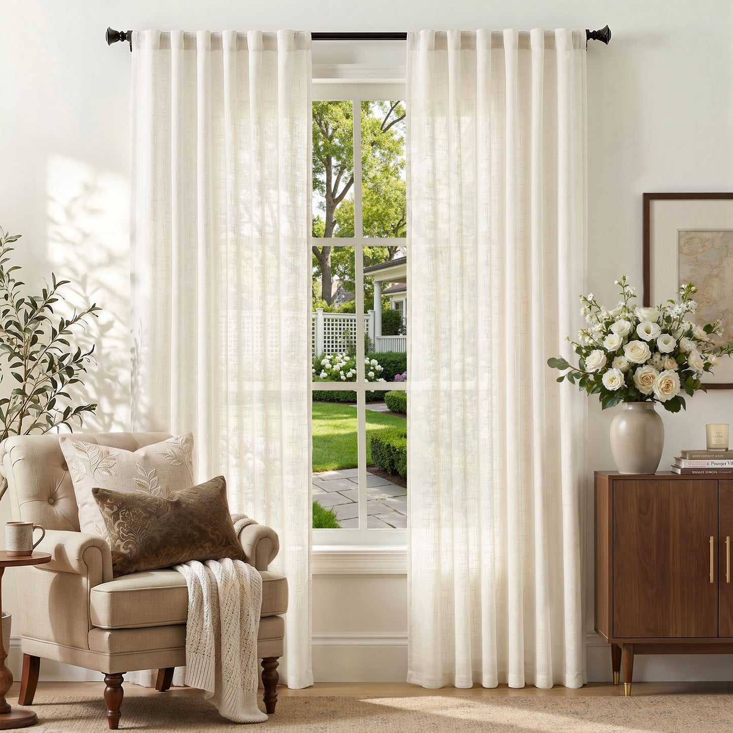 TOPICK Semi Sheer Curtains  Light Filtering Drapes Back Tab Linen Blend Window Treatments for Living Room Bedroom Dining Room 2 Panels