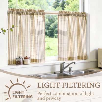 TOPICK Striped Kitchen Curtains and Valance Set Small Linen Curtains for Cafe Living Room Bathroom Farmhouse 3 Pieces Set Rod Pocket