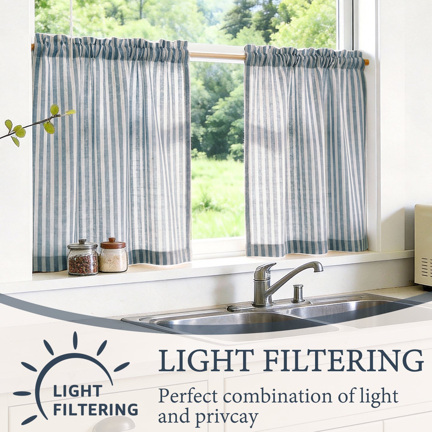 TOPICK Striped Kitchen Curtains and Valance Set Small Linen Curtains for Cafe Living Room Bathroom Farmhouse 3 Pieces Set Rod Pocket