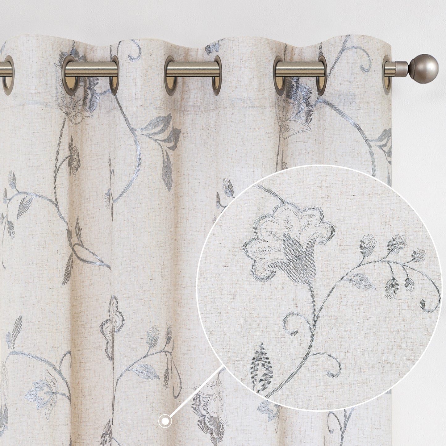 Curtainking Linen Curtains Floral Embroidery Farmhouse Light Filtering Grommet Curtain Panels 2 Pcs