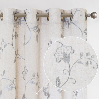 Curtainking Linen Curtains Floral Embroidery Farmhouse Light Filtering Grommet Curtain Panels 2 Pcs