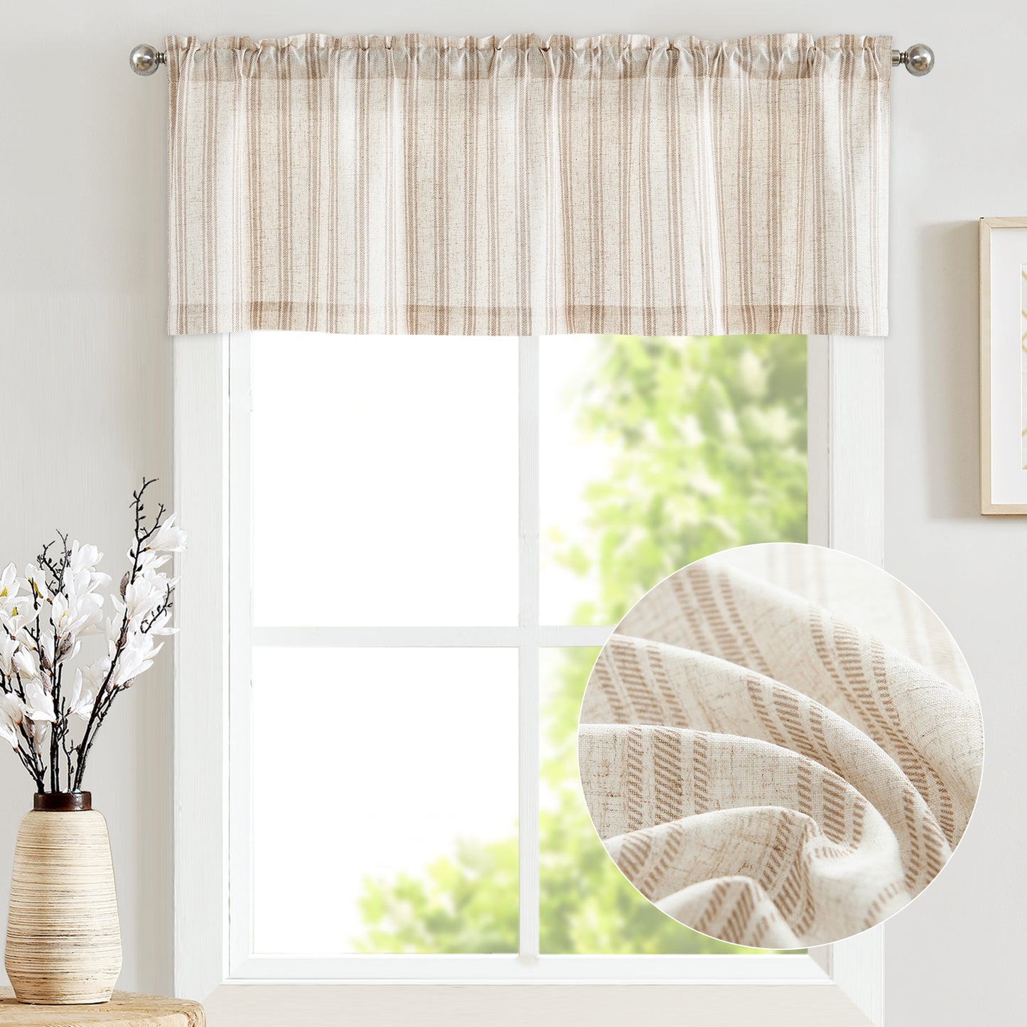 Curtainking Farmhouse Striped Valance Semi-Sheer Flax Linen Light Filtering Small Window Valance 16 inch Rod Pocket 1 Panel