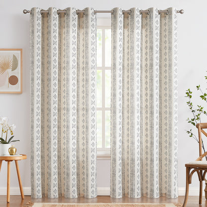 Curtainking Linen Blend Curtains Light Filtering Geometric Striped Boho Farmhouse Grommet Curtains for Living Room Pack of 2