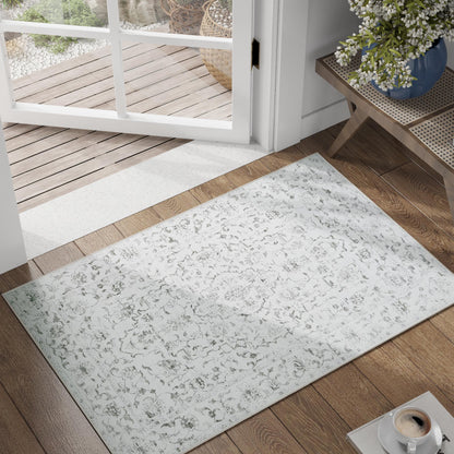 RUGKING Grey Vintage Area Rug Floral Carpet Distressed Mat, Foldable Non Slip Accent Rug for Kitchen Living Room