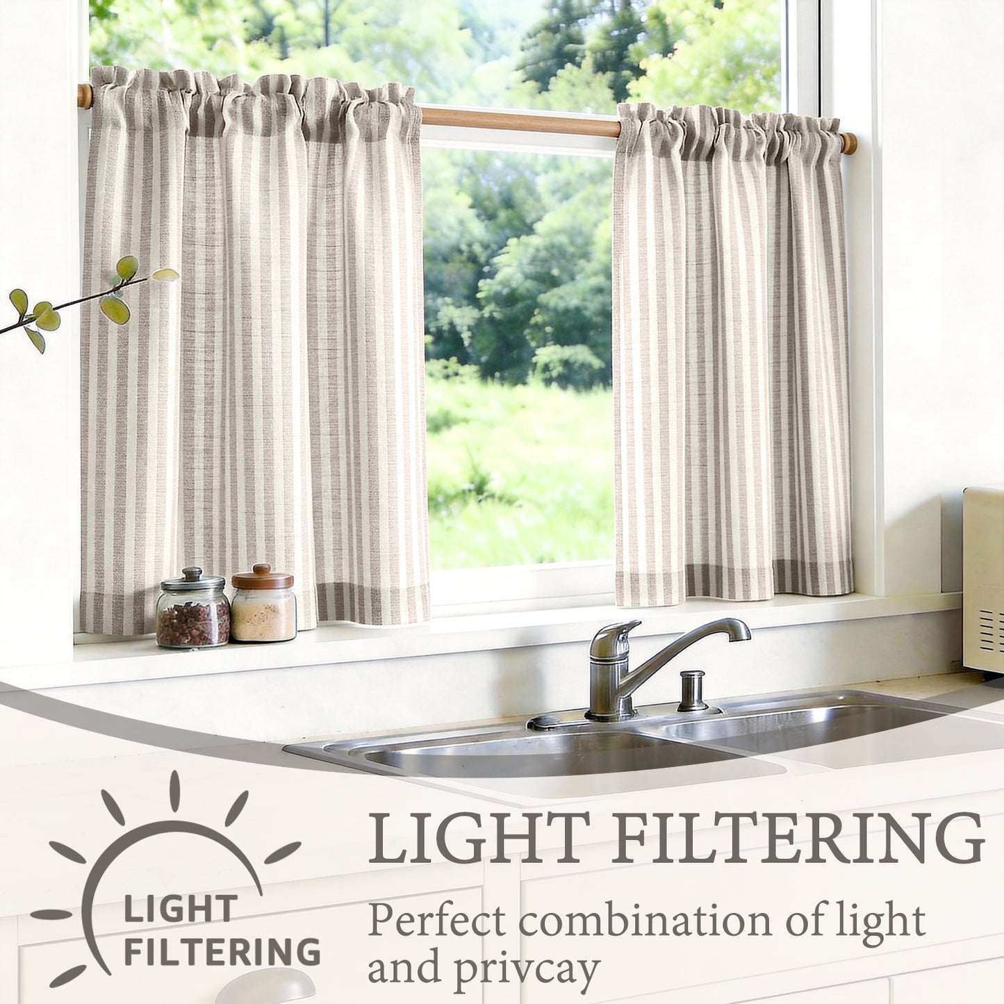 TOPICK Striped Kitchen Curtains and Valance Set Small Linen Curtains for Cafe Living Room Bathroom Farmhouse 3 Pieces Set Rod Pocket