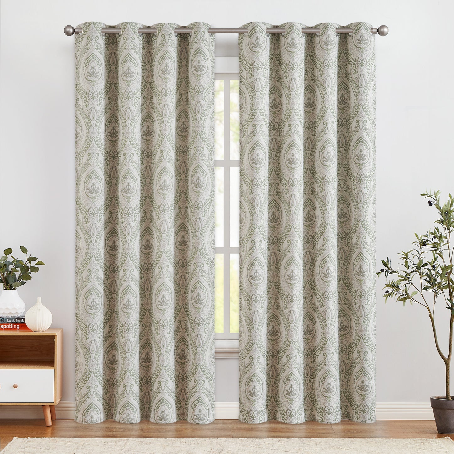 Curtainking Damask Printed Curtains for Bedroom Living Room Linen Textured Thermal Insulated Curtains Grommet 2 Panels
