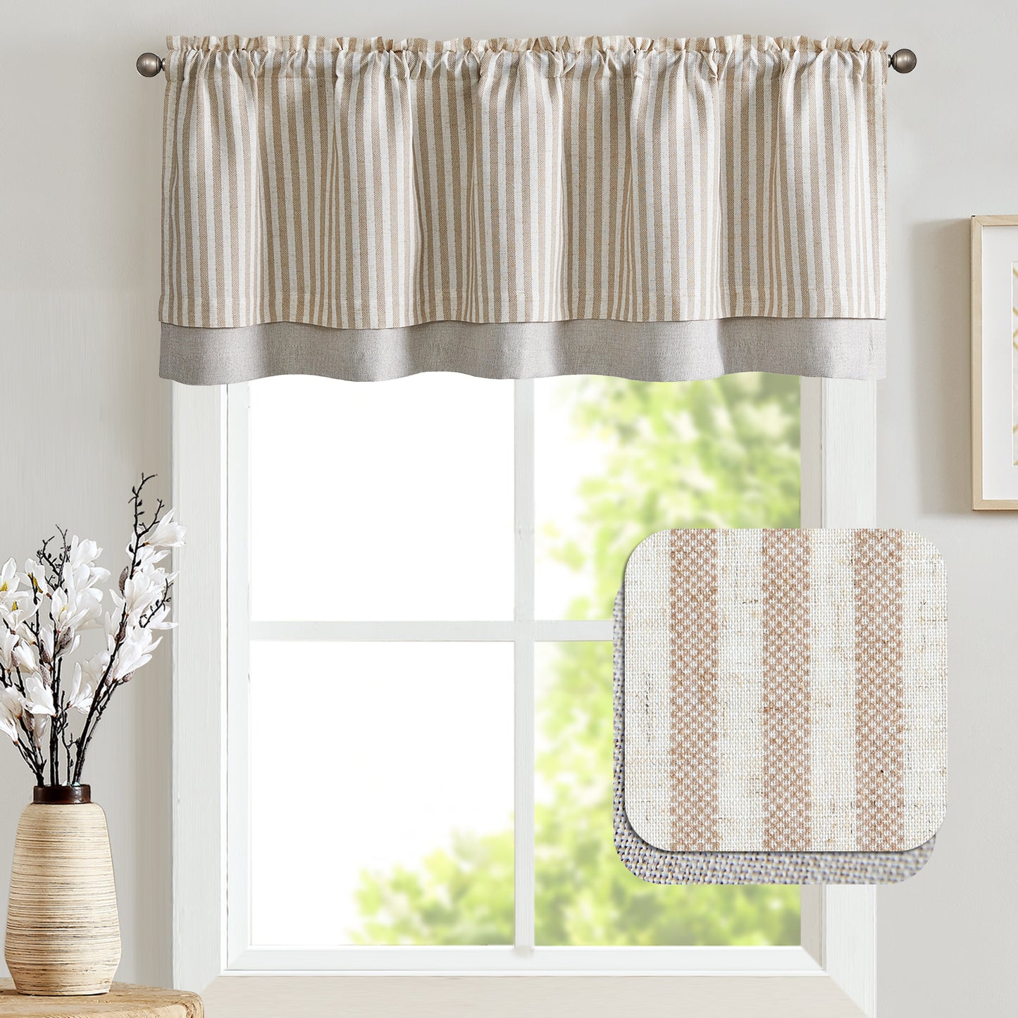 Curtainking Rod Pocket Linen Valance Curtain Double Layer Valance for Kitchen 1 Panel