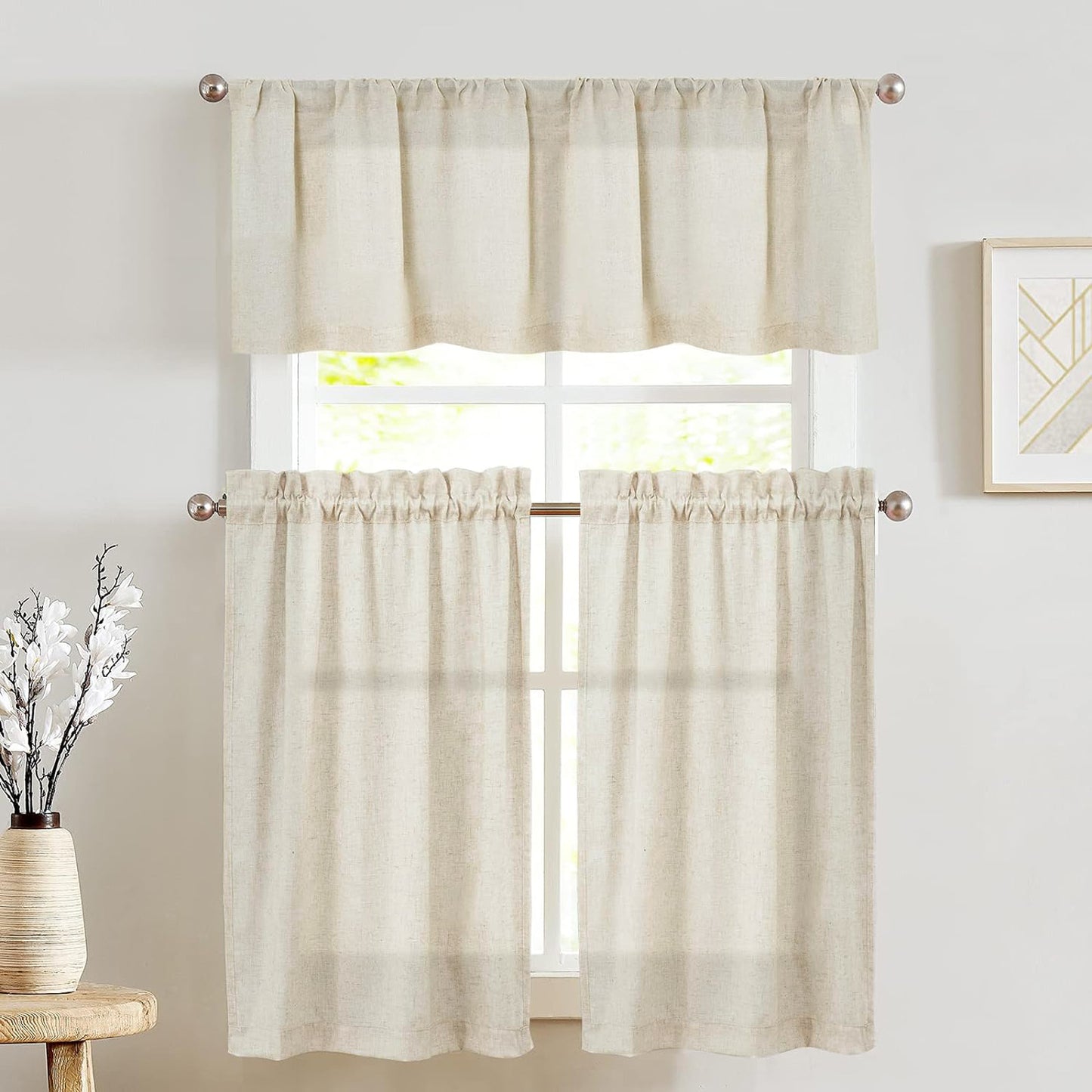 Curtainking Kitchen Curtains and Farmhouse Linen Semi Sheer Cafe Curtains 3-Piece Rod Pocket