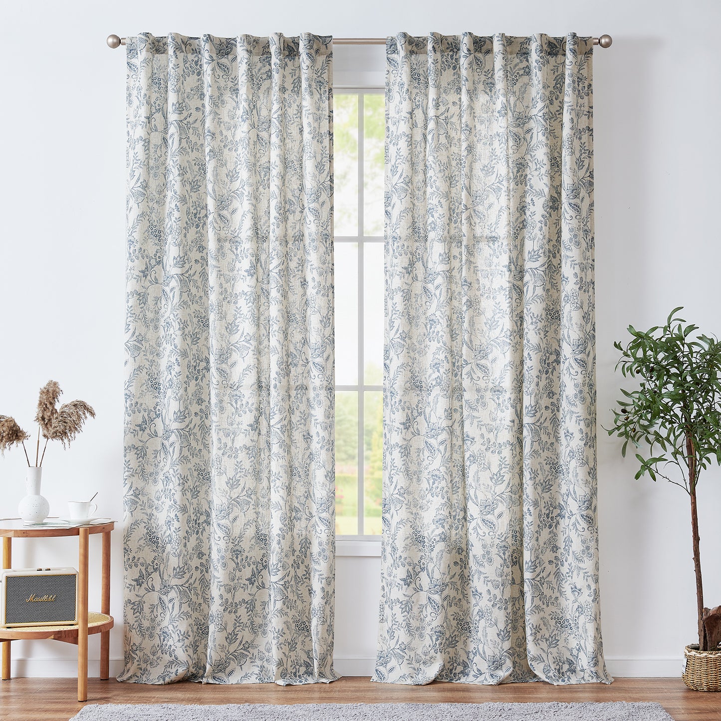 Curtainking Floral Curtains Linen Farmhouse Curtains for Living Room Country Curtains Back Tab Semi Sheer Curtains Light Filtering 2 Panels