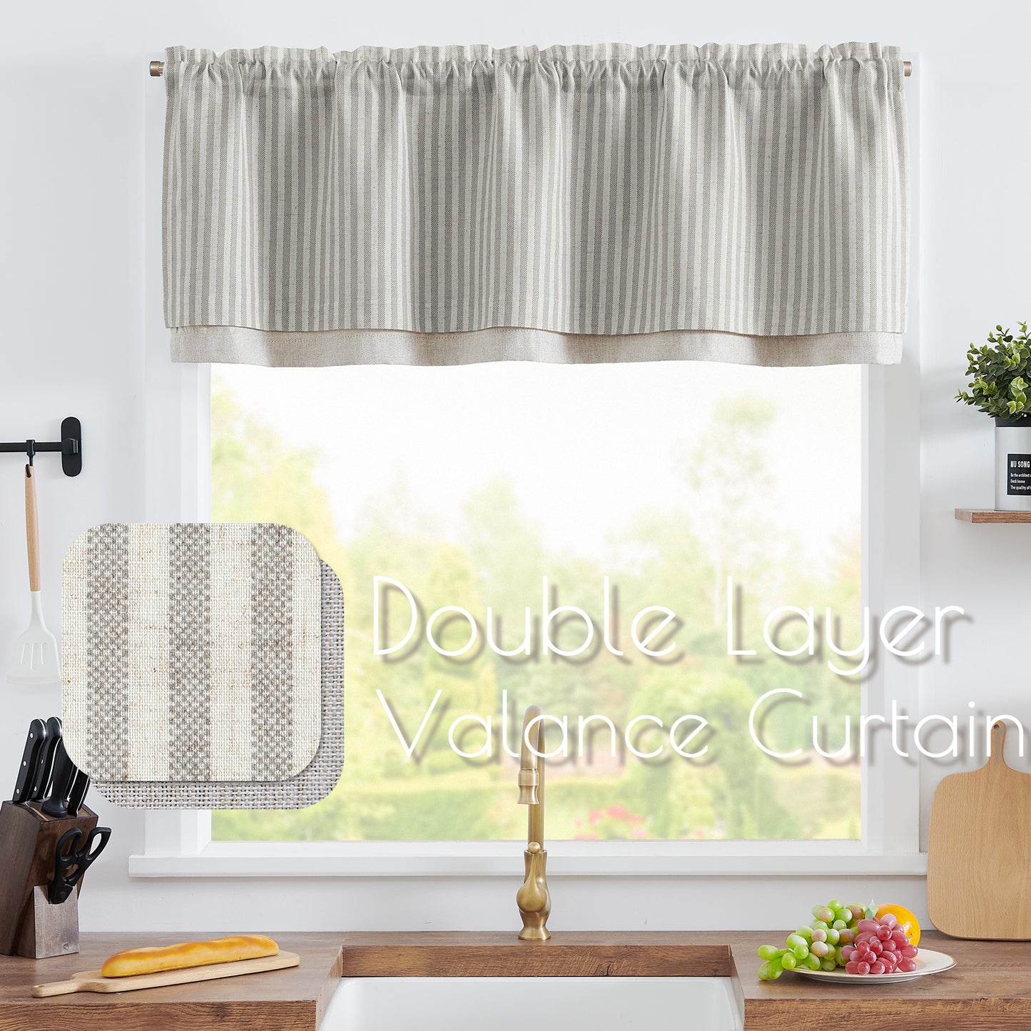 Curtainking Rod Pocket Linen Valance Curtain Double Layer Valance for Kitchen 1 Panel