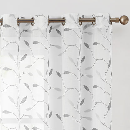 Curtainking Sheer Curtains Embroidered Leaf Window Curtains for Living Room Grommet Top 2 Panels Voile Drapes for Bedroom
