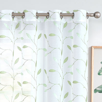 Curtainking Sheer Curtains Embroidered Leaf Window Curtains for Living Room Grommet Top 2 Panels Voile Drapes for Bedroom