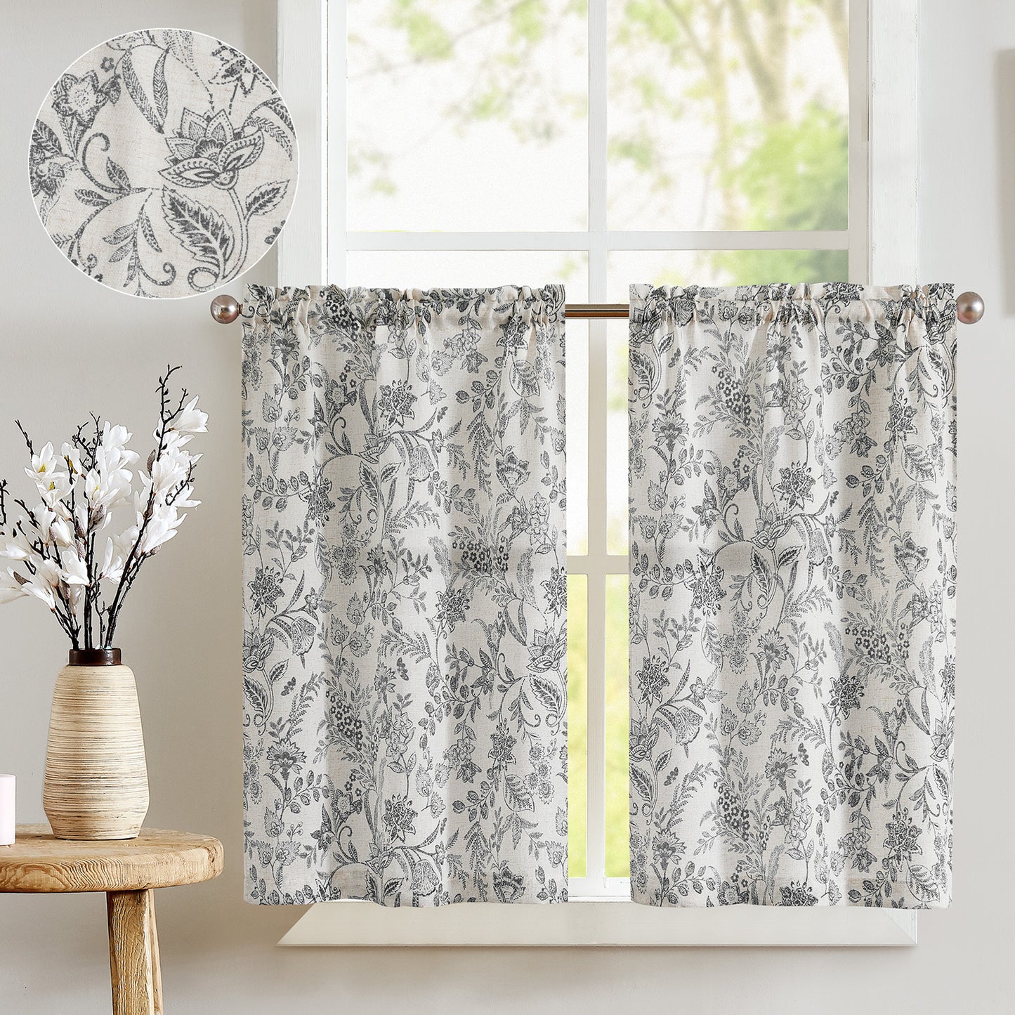 Curtainking Linen Kitchen Curtains Farmhouse Floral Print Rod Pocket Curtains Cafe Curtains Small Window Curtains 2 Panels