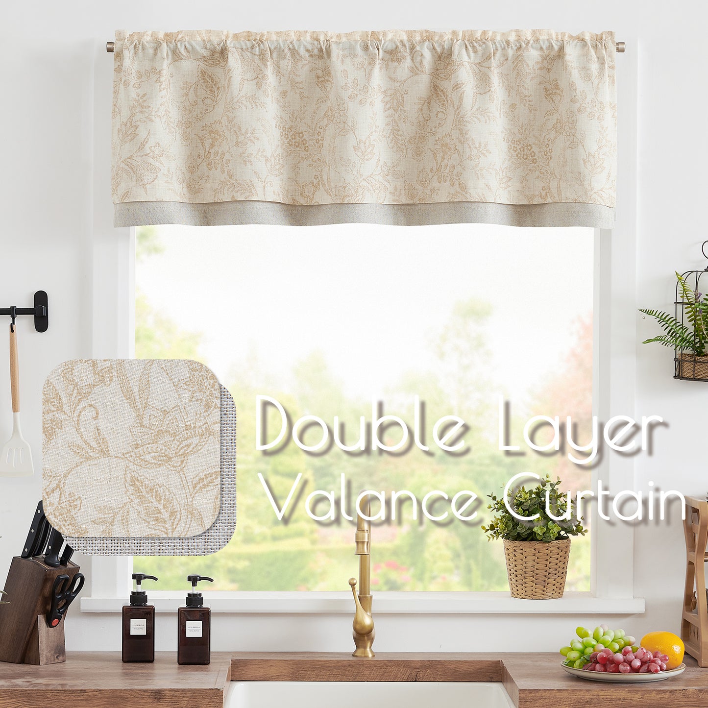 Curtainking Rod Pocket Linen Valance Curtain Double Layer Valance for Kitchen 1 Panel