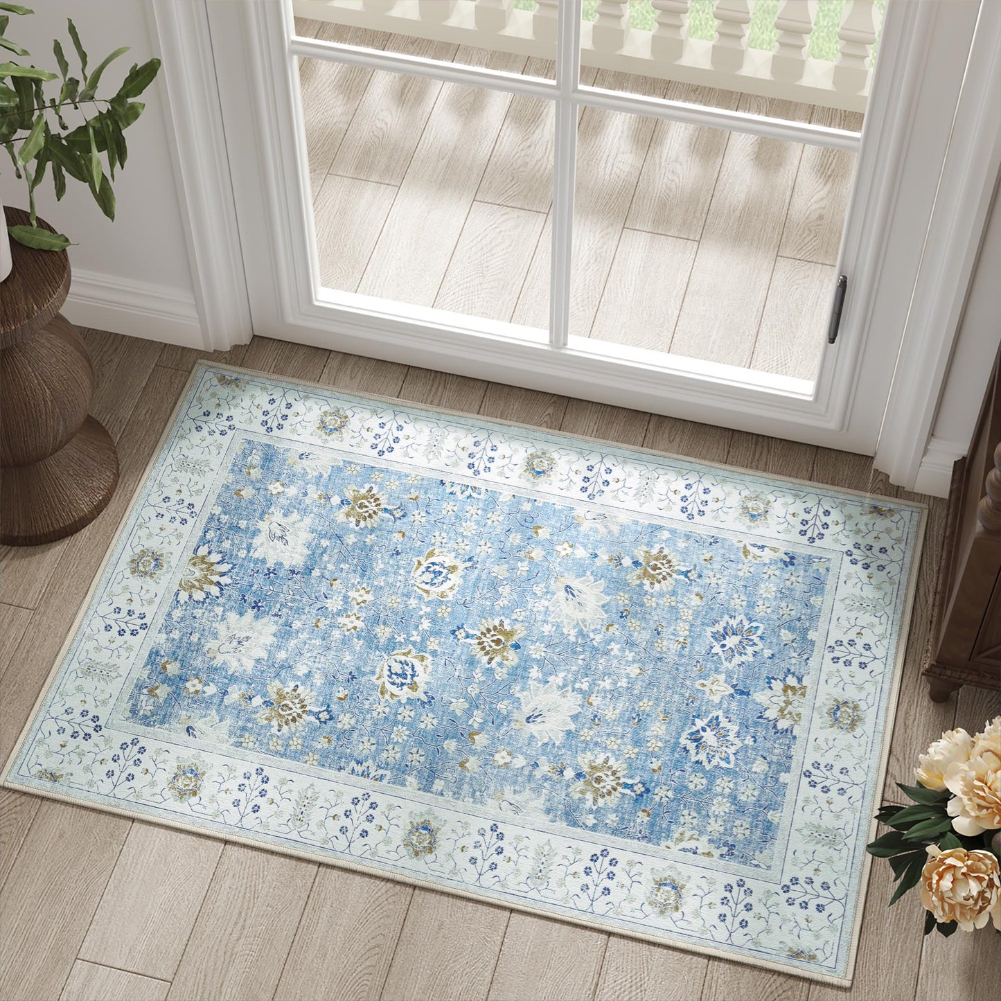 RUGKING Living Room Rug Floral Printed Blue Indoor Accent Mat with Non-slip backing Retro Persian Rugs for Bedroom Dining Room