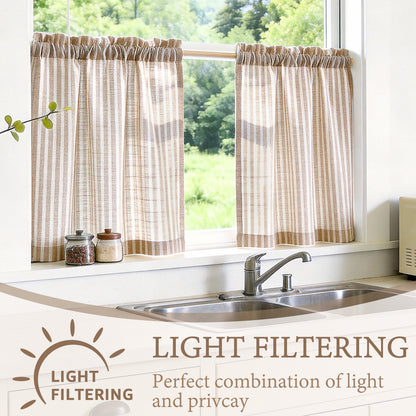 TOPICK Striped Kitchen Curtains and Valance Set Small Linen Curtains for Cafe Living Room Bathroom Farmhouse 3 Pieces Set Rod Pocket