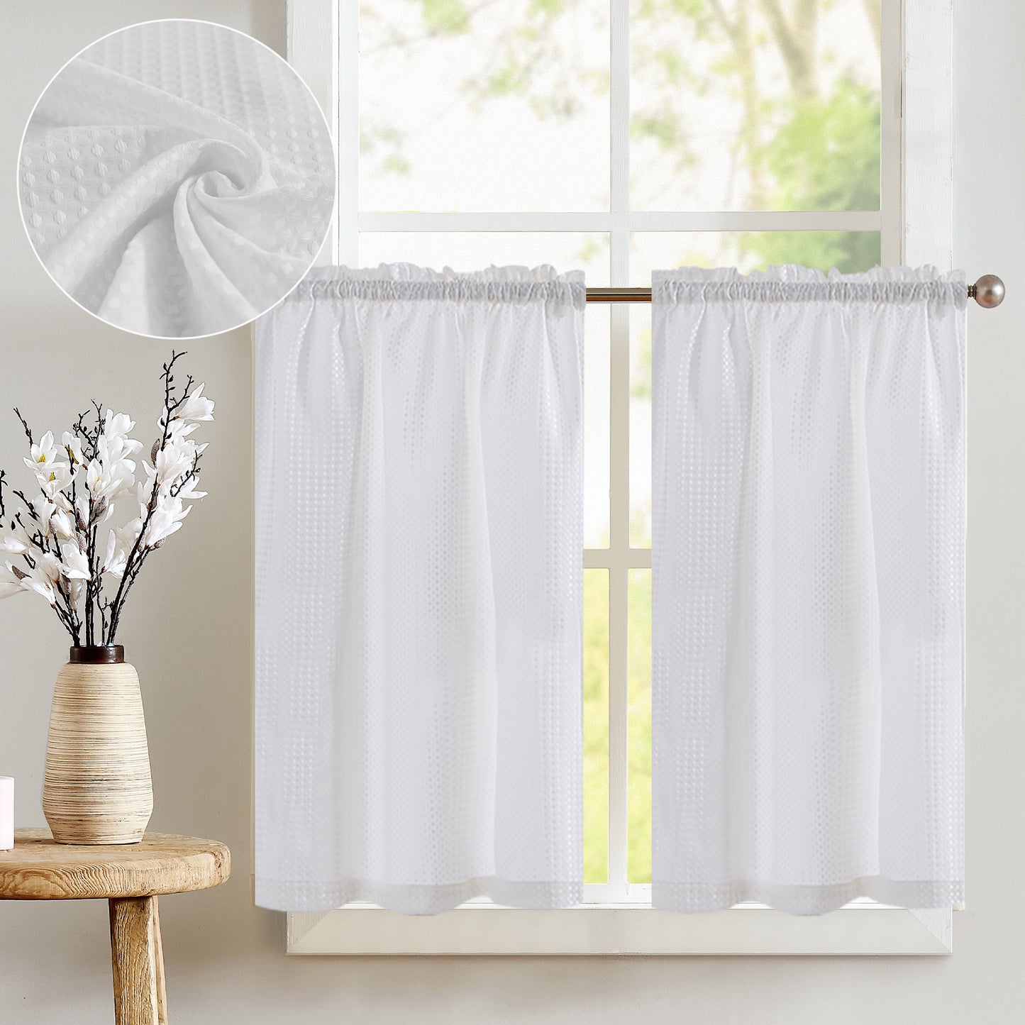 Curtainking Kitchen Curtains Waffle Textured Tier Curtains for Bathroom 2 Panels Rod Pocket Short Window Curtains