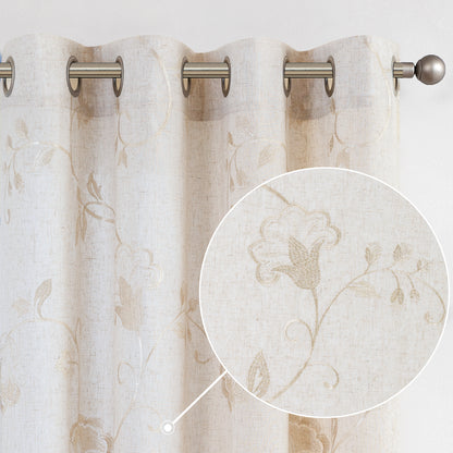 Curtainking Linen Curtains Floral Embroidery Farmhouse Light Filtering Grommet Curtain Panels 2 Pcs