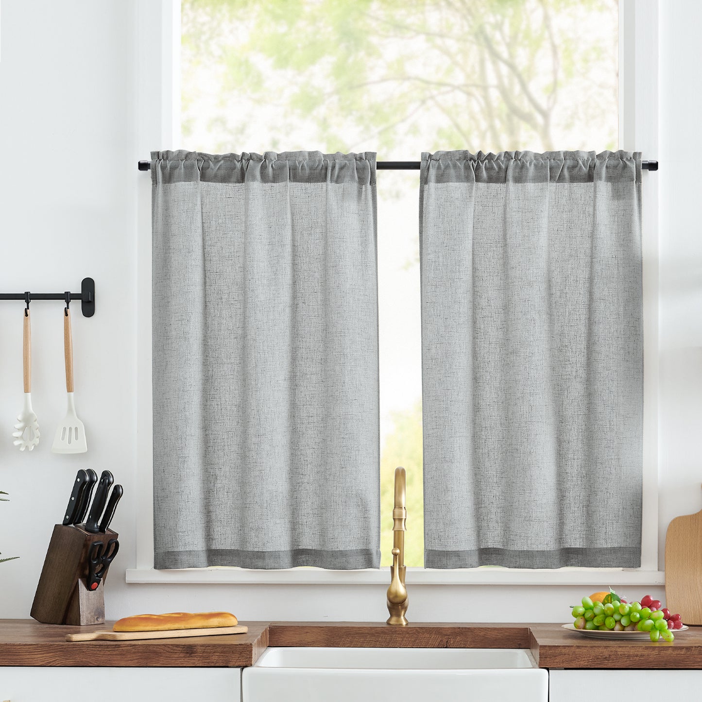 Curtainking Farmhouse Rod Pocket Semi-Sheer Cafe Curtains, Linen Textured Window Curtains, 2 Panels